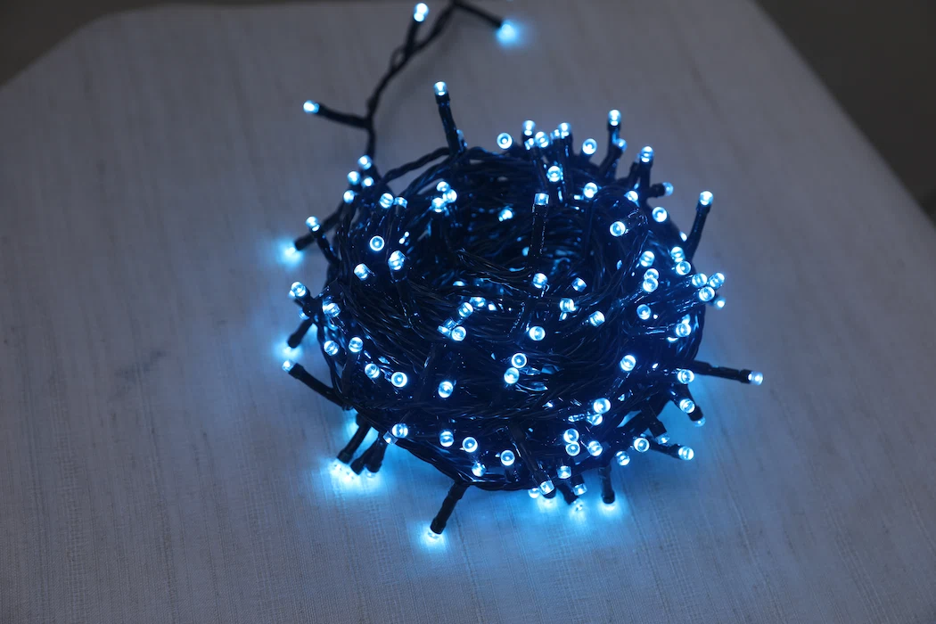 String lights, dark green and light blue